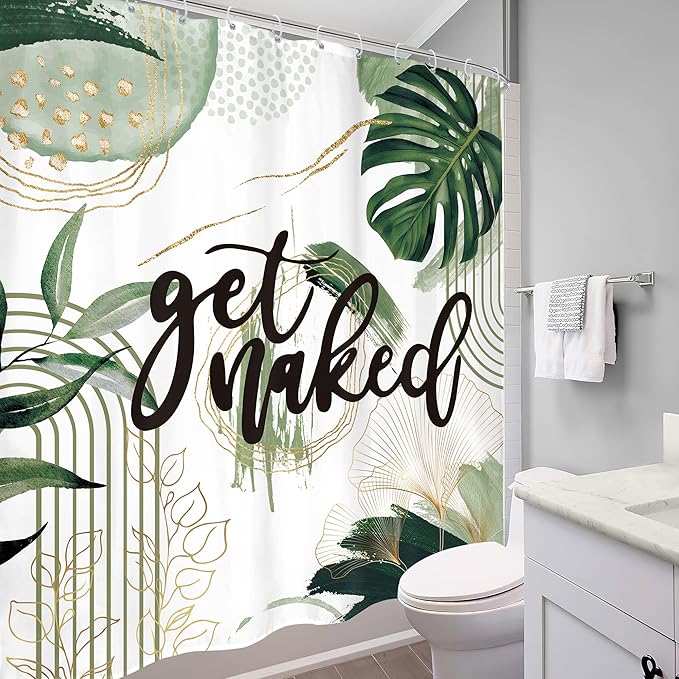 Green Boho Shower Curtain 60Wx72H Bohemian Sage Green Golden Leaves Get Naked Abstract Mid Century Modern Plant Botanical Bathroom Decor Minimalist Bath Curtain Fabric Polyester 12 Pack Hooks