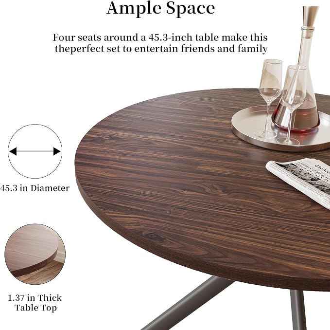 HIPIHOM 45.3 Inch Modern Round Dining Table for 4, Space-Saving Dinette with Carbon Steel Legs for Home Kitchen Apartment(Dark Walnut Table)