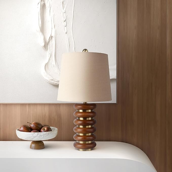 Abani Table Lamp Thalia Stacked Ring 21.5” – Mid-Century Modern Brown Wood Base with Wheat Linen Shade – E26 Bulb Included – Stylish Desk Lamp for Bedroom, Living Room, Dorm or Nightstand