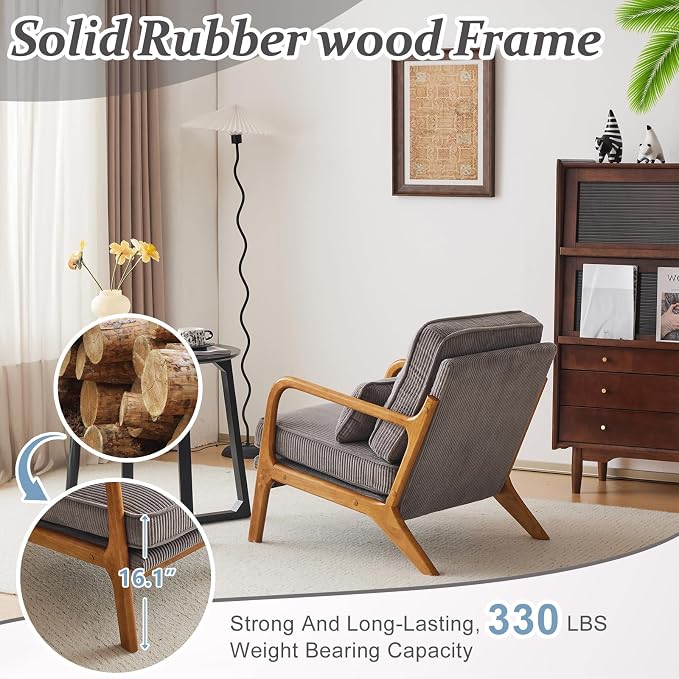 VINGLI Upgraded Premium Corduroy Accent Chairs Set of 2,Upholstered Arm Chair,Solid Wood Comfy Reading Chair with Lumbar Pillow, Mid Century Modern Chairs for Living Room,Bedroom,Light Grey