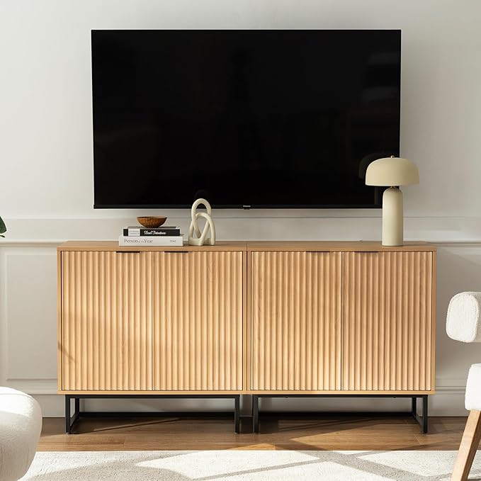 Fluted Storage Cabinets Set of 3, Sideboard Buffet Cabinets with Adjustable Shelves, Modern Accent Credenza, Console Table Entryway Cabinet for Living Room, Natural Oak