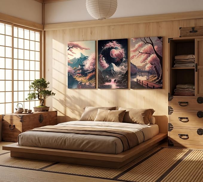 3Pcs Japanese Canvas Wall Art Cherry Blossom Lake Landscape Wall Decor Pictures Japan Mount Fuji Art Posters Prints for Living Room Bedroom Home Decoration Ready to hang