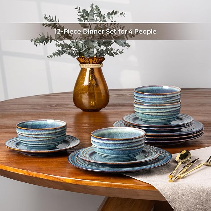 GBHOME Ceramic Dinnerware Sets,12 pcs Embossed Elegant Stoneware Plates and Bowls Sets, Housewarming Wedding Gift | Dishwasher & Microwave Safe | Dishes Set Service for 4