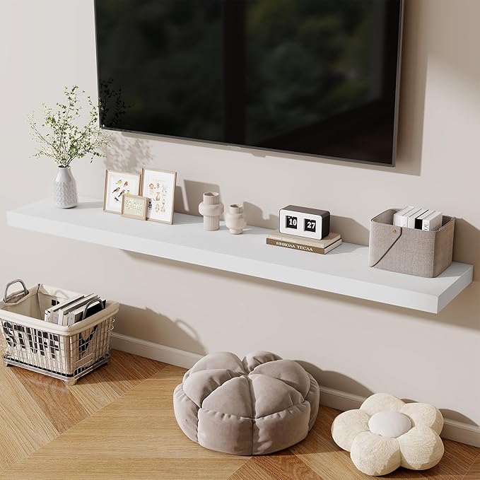 Fun Memories 72 Inch Fireplace Mantel Shelf, 12 Inch Deep Shelves for Display & Wall Storage, Rustic Wood Wall Shelf, Extra Long Floating Shelves for Living Room Laundry Room, White, Set of 1