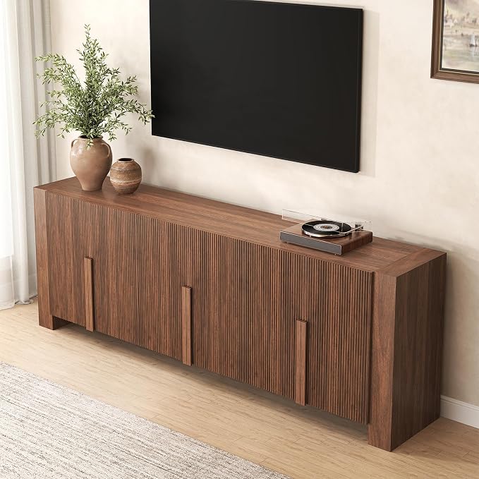 Fluted Sideboard Buffet Cabinet with Storage Cabintes, Farmhouse Storage Credenza Cabinet with Shelves, 78.75" Large Coffee Bar TV Stand for Living Room Kitchen Dining, Walnut