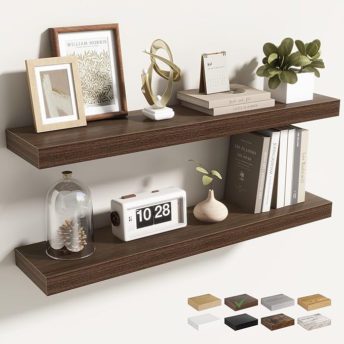 30 Inch Floating Shelves for Wall 2 Pack, 30" Wall Shelves for Books, Storage, Decor, Wall Mounted Floating Shelf with Invisible Brackets for Kitchen, Living Room, Walnut