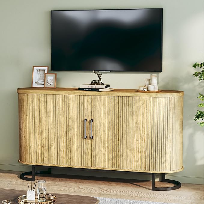HUAHUU Sideboard Buffet Cabinet with Storage, 54.3" Fluted Tambour, Adjustable Shelves, Mid Century Modern Console for Living Room Kitchen