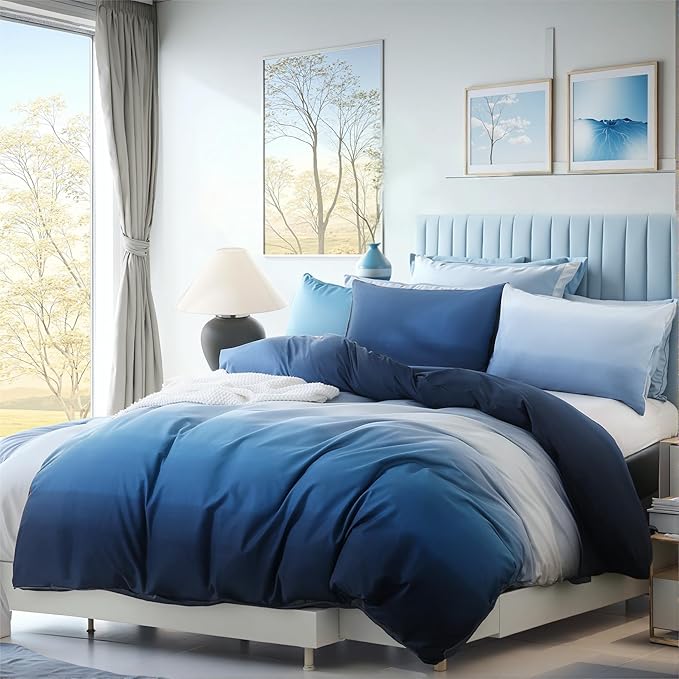 Blue and White Duvet Cover King Size 100% Cotton Duvet Cover Sets Gradient Blue Comforter Cover Ocean Like 3 Pcs Soft and Lightweight Bedding Set for All Seasons