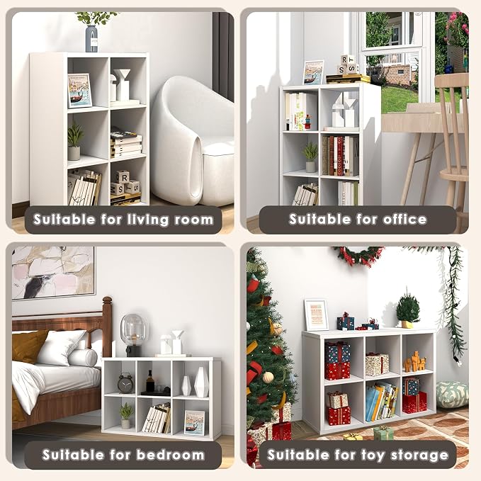 Endearing Limons【2026 Wooden Thick Border 6 Cube Shelf Storage Organizer with Anti-Tipping Kits + Reversible Open Back Bookcase (11 * 11 Unit Cell White)