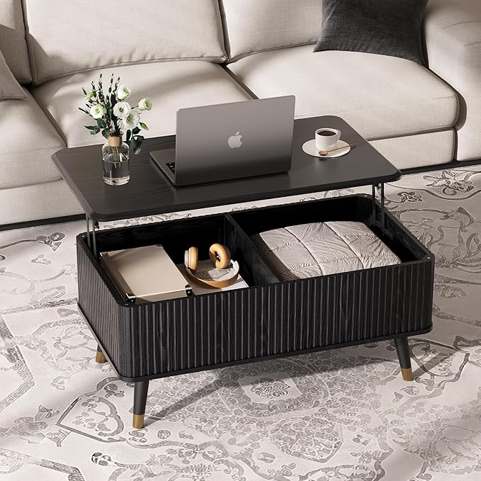 Lift Top Coffee Table with Storage, Modern Black Fluted Design, Pop-Up Center Table with Hidden Compartment for Living Room & Home Office Work/Dining