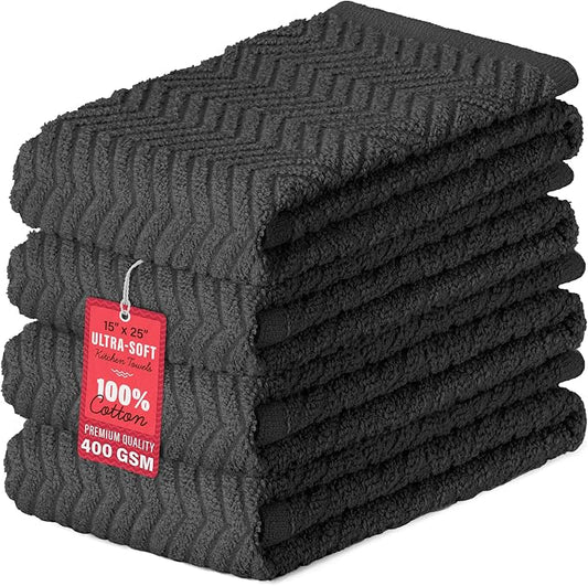 DecorRack 4 Pack Kitchen Towels, 100% Cotton Dish Towels, 15 x 25 Inch Absorbent Kitchen Towels for Drying Dishes, Hand Towels, Kitchen Cleaning Cloths, Dark Grey (Set of 4)