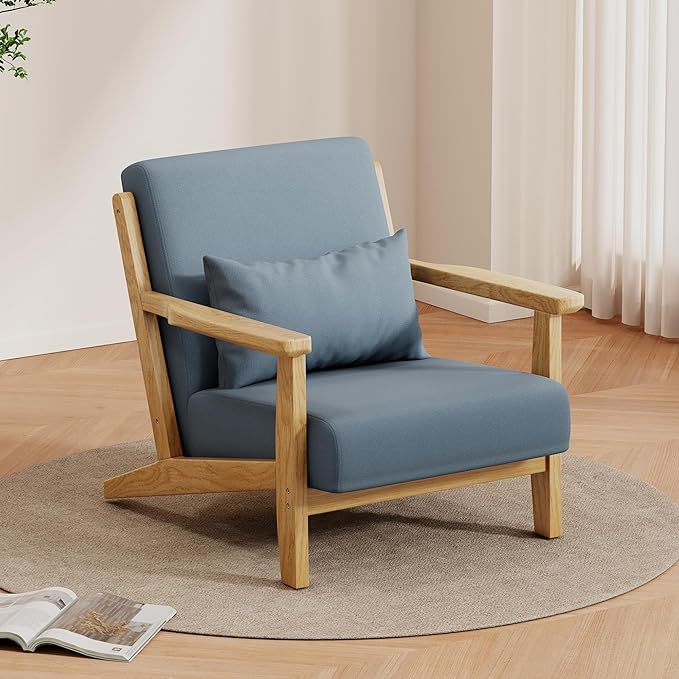 Solid Wood Accent Chair Mid-Century Modern Lounge Armchairs, Fabric Upholstered Soft Comfy Living Room Chairs with Armrest Waist Cushion Pillow for Office Reading Waiting Room (Blue)