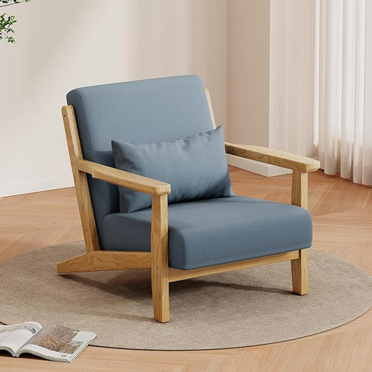 Solid Wood Accent Chair Mid-Century Modern Lounge Armchairs, Fabric Upholstered Soft Comfy Living Room Chairs with Armrest Waist Cushion Pillow for Office Reading Waiting Room (Blue)