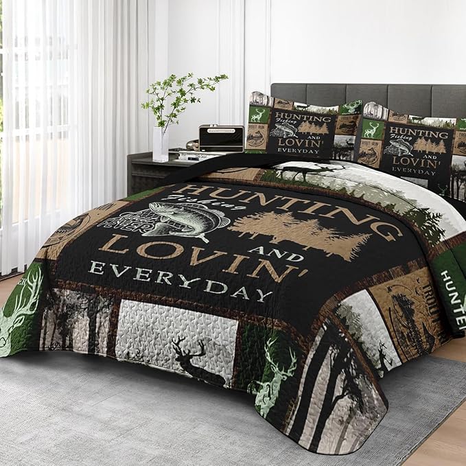 Pamnest Quilt Set Full/Queen Size, Cabin Deer Animal Tree 3 Pcs Soft Bed Cover Bedding Set for Kids and Adults, Rustic Mountains Gray Lightweight Bedspread Coverlet with Pillow Sham for All Season