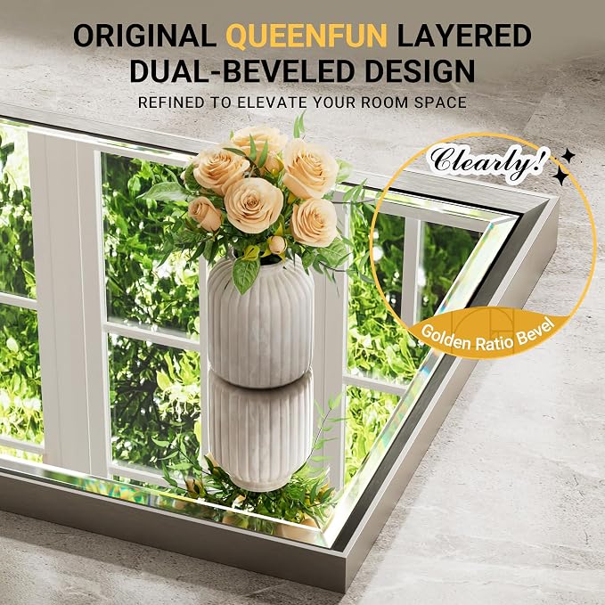 Brushed Nickel Bathroom Mirror, 16''x 24'' Beveled Bathroom Mirror Brushed Nickel, Rustproof Rectangle Framed Mirror for Home Decor, Vertical/Horizontal