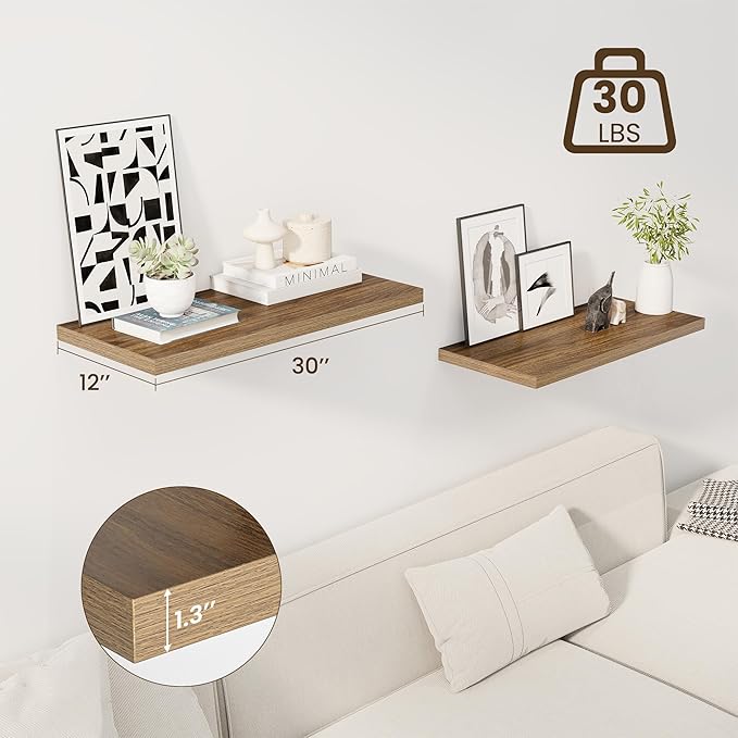 Dreamland 30" Floating Shelves for Wall, 12" Deep Slim Walnut Floating Shelves, Wall-Mounted Shelves for Bedroom, Living Room, Kitchen, Bathroom - Set of 2