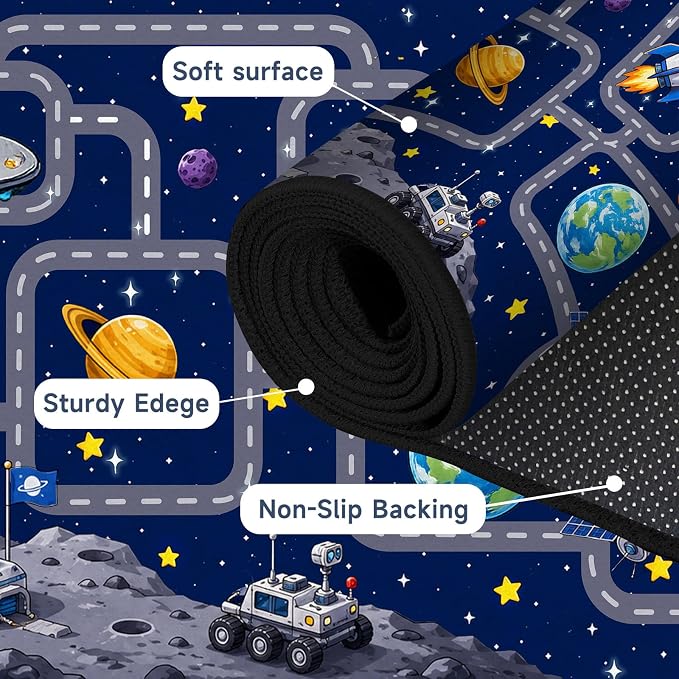 Outer Space Rug Astronaut Road Map Area Rug for Bedroom Living Room Nursery Kitchen Playroom Home Decor Washable Educational Floor Mat Galaxy Themed Carpet,4'x6'
