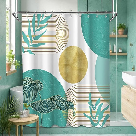 Teal Blue and Gold Shower Curtain Turquoise Aqua and White Shower Curtains for Bathroom Decor Boho Mid Century Bath Curtain Set, Waterproof Fabric with Hooks 60 x 72 Inch