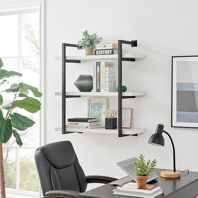 Danya B. Modern 3-Tier Hanging Bracket Wall Shelves in Black Metal and White Birch Finish
