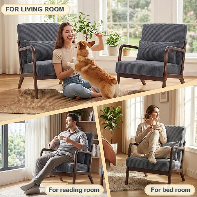 Accent Chairs, Mid Century Modern Chair with Pillow, Arm Chair with Solid Wood, Reading Relaxing Leisure Chair for Living Room, Waiting Room,Grey