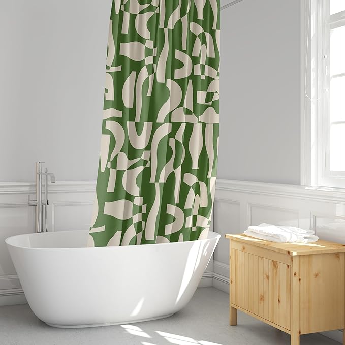 Modern Green and Ivory Geometric Pattern Print Shower Curtain – Abstract Minimalist Fabric Design – Neutral Trendy Bathroom Décor – 72x72 Inches (Geo Green)