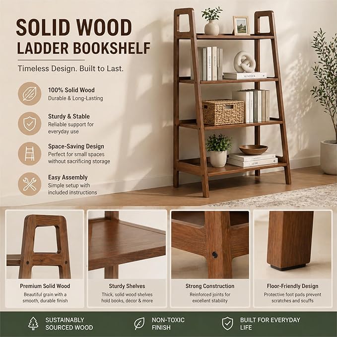 100% Solid Oak 4 Tier Ladder Shelf, Small Bookshelf, Ladder Bookshelf, Bookcase with Stable Frame, Small Table for Living Room Bedroom (Walnut, 35.04" D x 16.53" W x 53.54" H)