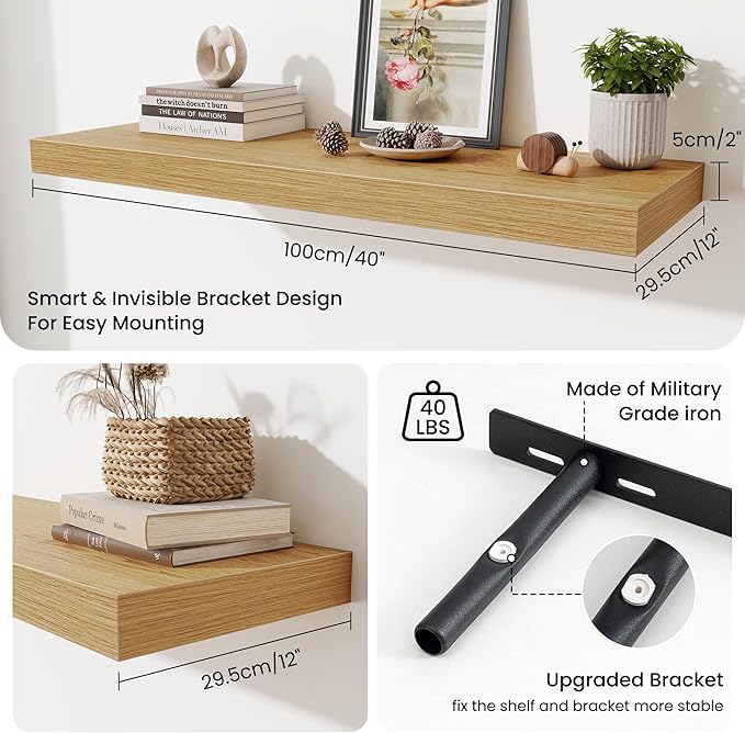 Fun Memories Floating Shelves for Wall, 40 Inch Floating Shelf for Home Decor, Wall Mounted Rustic Wood Shelves 12 Inch Deep, Hanging Deep Shelf for Bedroom, Living Room, Kitchen, Oak, Set of 2