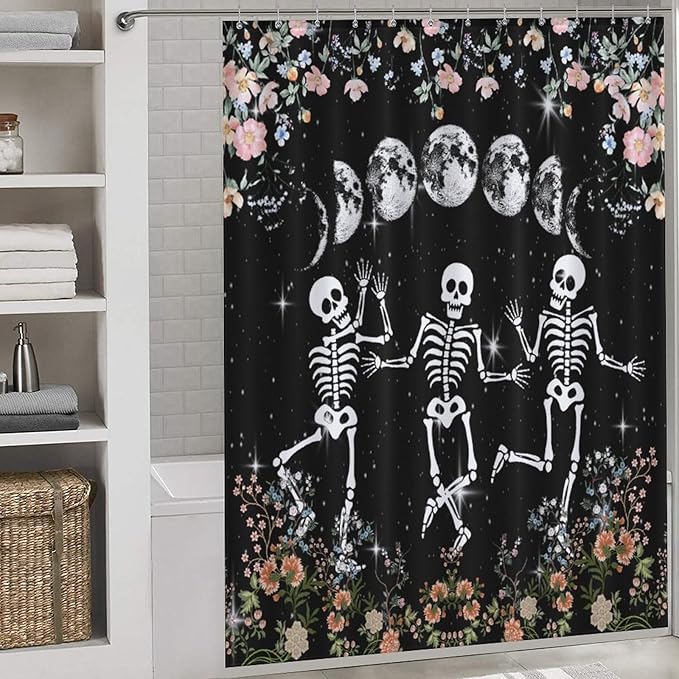 Skull Skeleton Flower Moon Shower Curtain Gothic Moon Phase Scary Horror Black Spooky Flower Holiday Waterproof Shower Curtains for Bathroom Decor 12 Pack Hooks 66x72in（168x183cm）