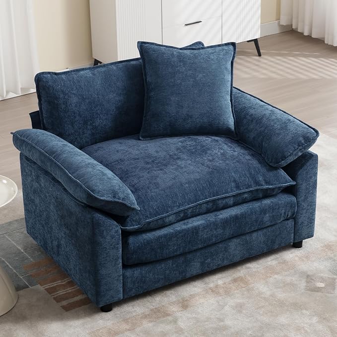 Modern Oversized Chair, Comfy Accent Chair Large Upholstered Armchair with Extra Thick and Deep Seat Lounge Chair for Living Room,Bedroom,Apartment, Chenille Blue