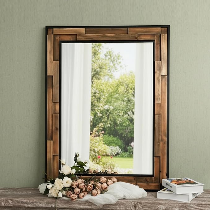 ZIYOO Wood Mirror 40"x 30", Metal & Wooden Rectangle Frame Decorative Wall Mirror for Bathroom Vanity Bedroom Living Room Entryway (Wood and Metal,40"x 30")