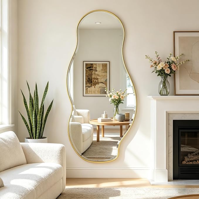 POZINO Large Irregular Beveled Mirror, 63"x28.5" Asymmetrical Full Length Mirror with Gold Metal Frame, Organic Shape Wall Mirrors for Entryway Living Room Bathroom, Horizontal/Vertical Hanging