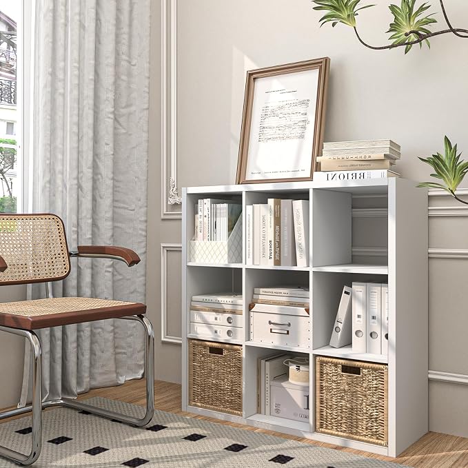Endearing Limons【2026 Wooden Thick Border 9 Cube Shelf Storage Organizer with Anti-Tipping Kits + Reversible Open Back Bookcase (11 x 11 Unit Cell White)