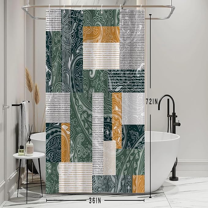 Abstract Boho Shower Curtain Bohemian Paisley Print Modern Geometric Plaid Pattern Shower Curtains for Bathroom Waterproof Fabric Decor Set with Hooks, 36W x 72H Inch