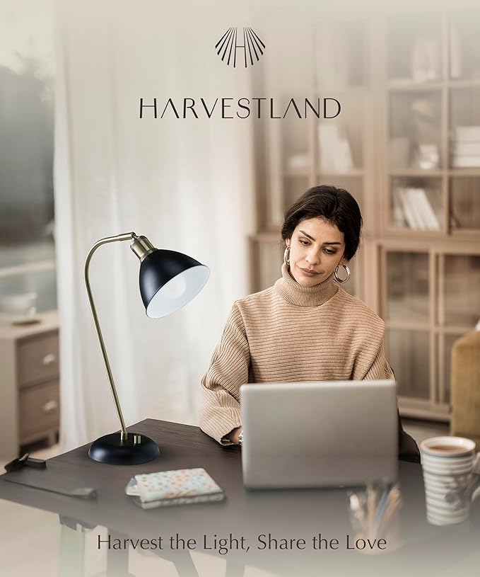 HarvestLand Halo Black and Brass Desk Lamp – Adjustable Desk Lamp with Metal, Industrial Table Lamp with Solid Base for Home Office, Bedside Table Lamps, Task Lamp, Reading lamp, Great Gifts