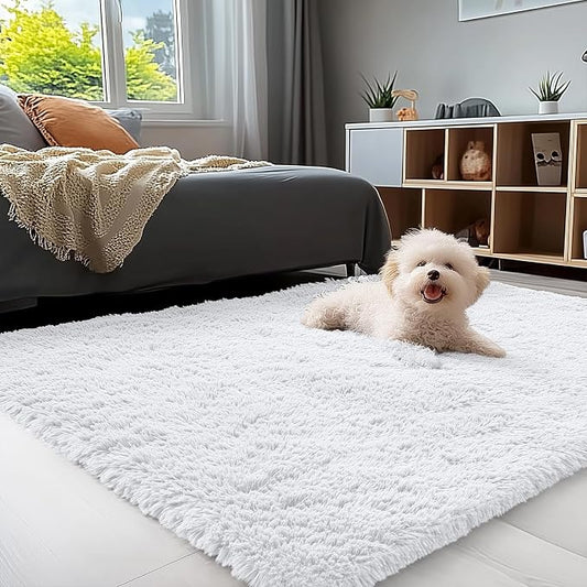OLANLY 3x4 Machine Washable Accent Rug, Soft Fluffy Shaggy Area Rug for Bedroom, Living Room, Indoor Floor Carpet for Kids, Nursery, Home Decor, White