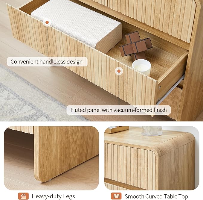 BERRYMERRY Flute 3 Drawer Dresser,31.5" Wide Dresser Nightstand for Bedroom,Mid Century Modern Wood Chest of Drawer with Curved Profile,Large Nightstand with 3 Drawer for Closet