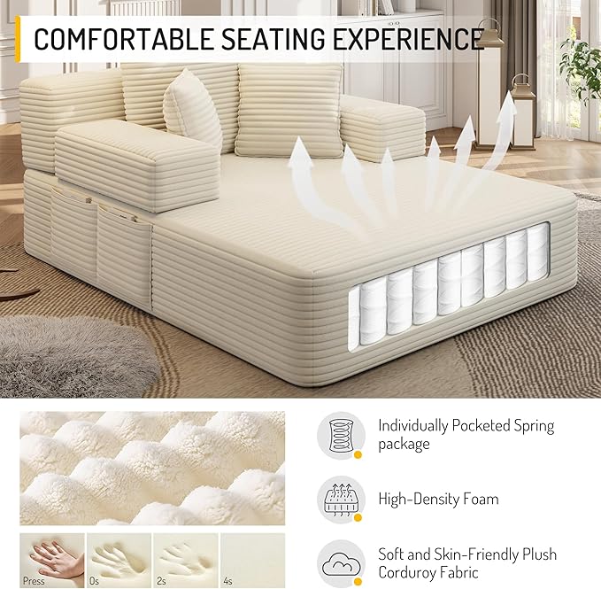 48.5" Oversized Chaise Lounge Chair Indoor, 3-in-1 Convertible Sleeper Sofa Bed, Plush Corduroy Boneless Chaise with 3 Pillows & Side Pockets, Adjustable Back/Armrest for Living Room - Beige