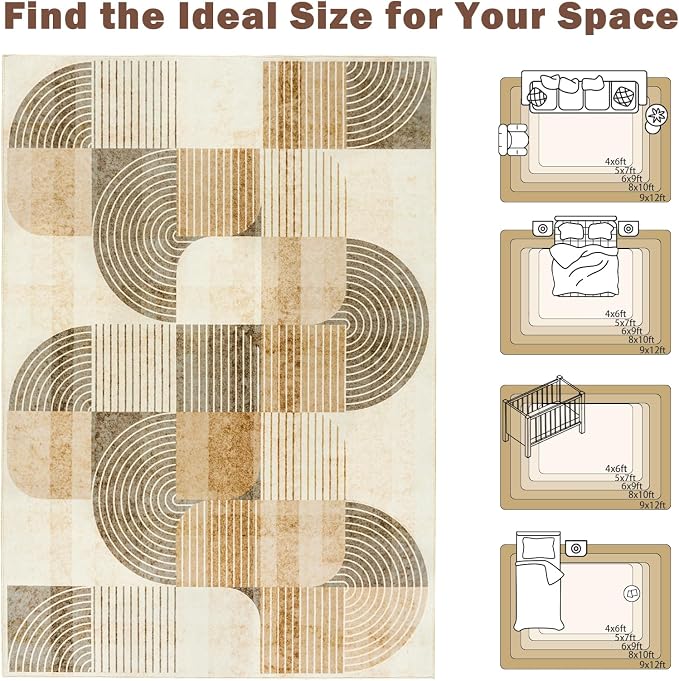 8x10 Area Rugs for Living Room-Washable Modern Geometric Neutral Beige Rug, Soft Non-Slip Indoor Floor Abstract Carpet for Bedroom Dining Room Nursery Office Home Decor