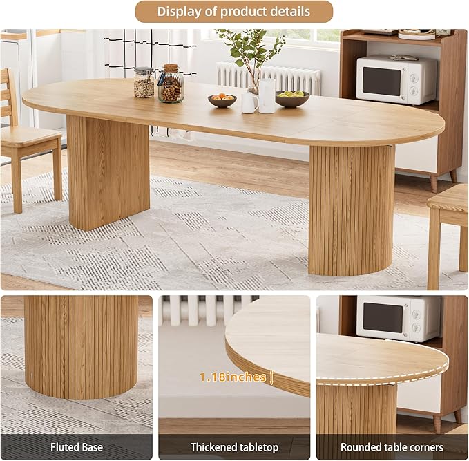 43-95 inch Long Round Extendable Dining Table for 4-10, Space Saving Oval Large Dinner Kitchen Table with 3 Leaf, 2 Storage, Fluted Mid Century Modern Dining Room Table for Living Room, Natural