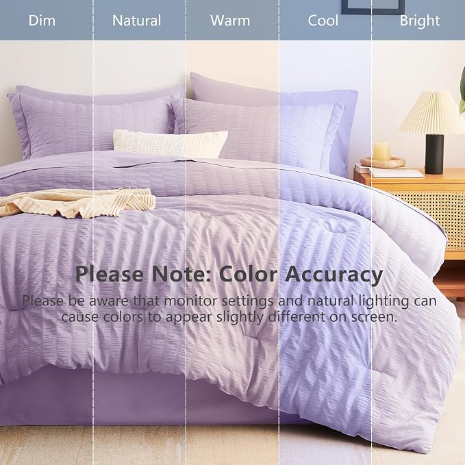 CozyLux Full Size Comforter Sets Light Purple, 7 Pieces Seersucker Textured Luxury Bed in a Bag Lavender, All Season Bedding Set with Down Alternative Comforter, Sheets, Pillowcases & Shams, Home Gift