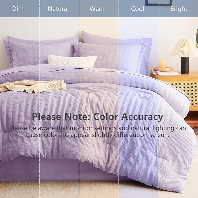 CozyLux King Size Comforter Set Light Purple, 7 Pieces Seersucker Textured Luxury Bed in a Bag Lavender, All Seasons Bedding Set with Down Alternative Comforter, Sheets, Pillowcases & Shams, Home Gift