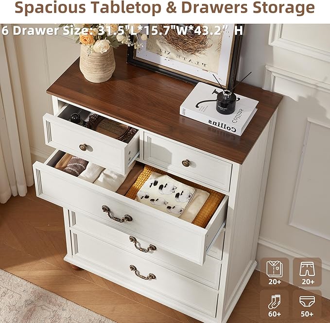 Farmhouse 6 Drawer Dresser for Bedroom, 42" Tall Rustic Chests of Drawers w/ 4 Solid Wood Feet, Mid Century Modern Wooden Closet Storage Dressers Organizer for Living Room, Hallway,White