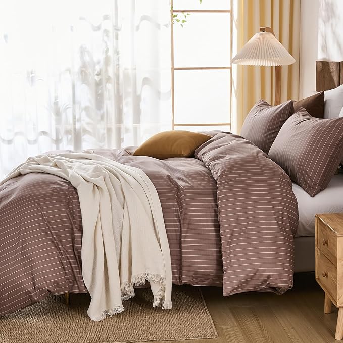Merryword 100% Cotton Duvet Cover Set Queen Size, Brown Pinstripe Bedding Set with 2 Pillowcases, Soft Breathable Comforter Cover, Natural Cotton Linen Like Bedding Set for Cozy Home Bedroom