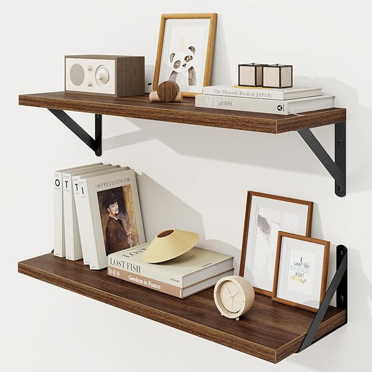 Floating Shelves, 8 Inch Deep Rustic Wood Wall Storage, 24W x 8D Wall Shelves Set of 2, Heavy Duty Metal Brackets, Industrial Book Shelf for Living Room, Kitchen, Bathroom, Bedroom, Walnut