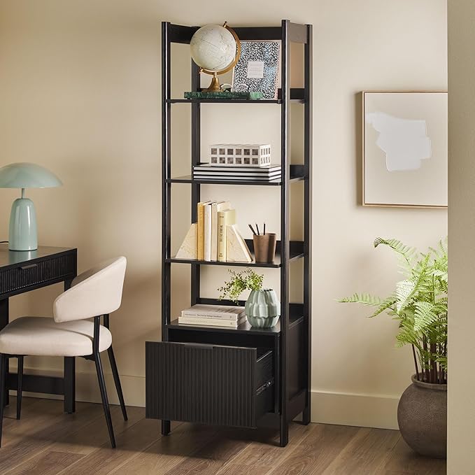 Walker Edison Transitional Reeded Narrow Open Bookshelf with Drawer on Bottom for Home Office, Living Room, Bedroom, 4-Shelf Bookcase with Bottom Storage, 22”W x 16.75”D x 70”H, Black