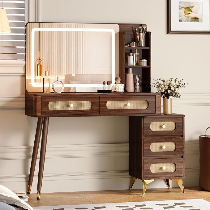 Boho Brown Vanity Desk with Mirror and Lights, Wooden Vanity Desk with Drawers & Shelves, 3 Lighting Modes Makeup Vanitys Tables for Bedroom, Dressing Room, Adjustable Brightness (Dark Walnut)
