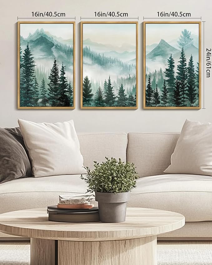 KUVIOKE Fog Pine Tree Mountain Landscape Framed Wall Art Watercolor Nature Misty Forest Painting Vintage Farmhouse Rustic Wall Decor for Bedroom Hallway 16x24in (Natural Framed)