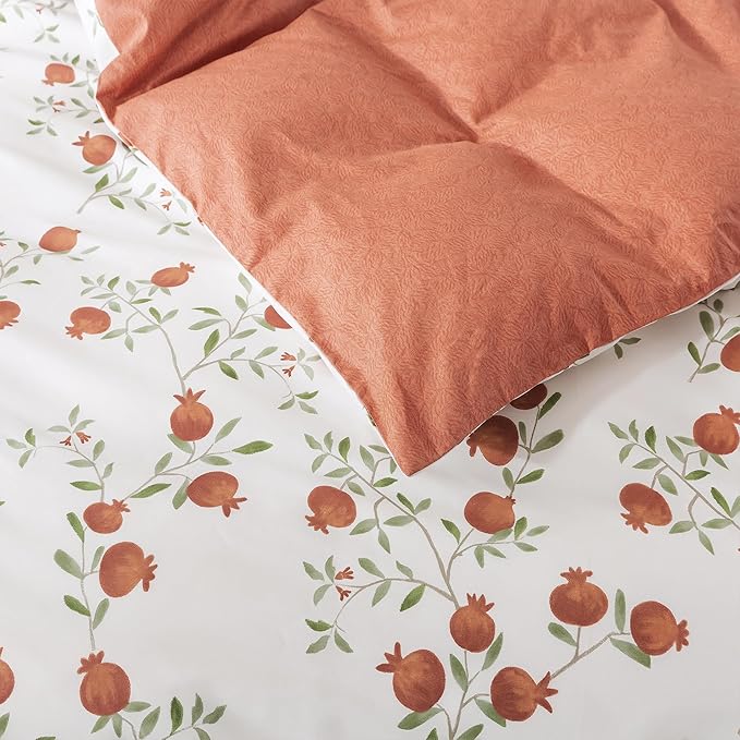 HoneiLife Fruits Duvet Cover King - 100% Cotton Comforter Cover 3-PC, Botanical Bedlinen Set with Zipper Closure & Corner Ties, Pomegranate Comforter Cover Sets