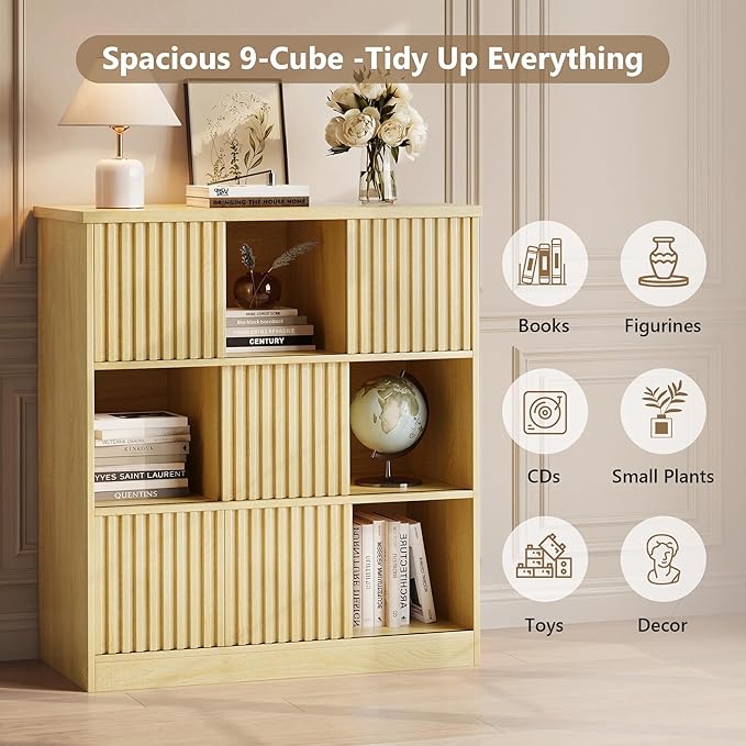 Einhomn Cube Storage Organizer with Sliding Doors, Wooden Bookshelf Storage Cabinet, 9 Cube Bookcase Organizer for Living Room Bedroom Office, Natural