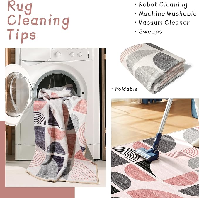 MUJOO Pink Rug Boho Washable,4x6.5 Area Rugs for Bedroom Entryway Living Room Bedside,Small Throw Floor Carpet Non Slip Soft Indoor Modern Abstract Pink and Grey